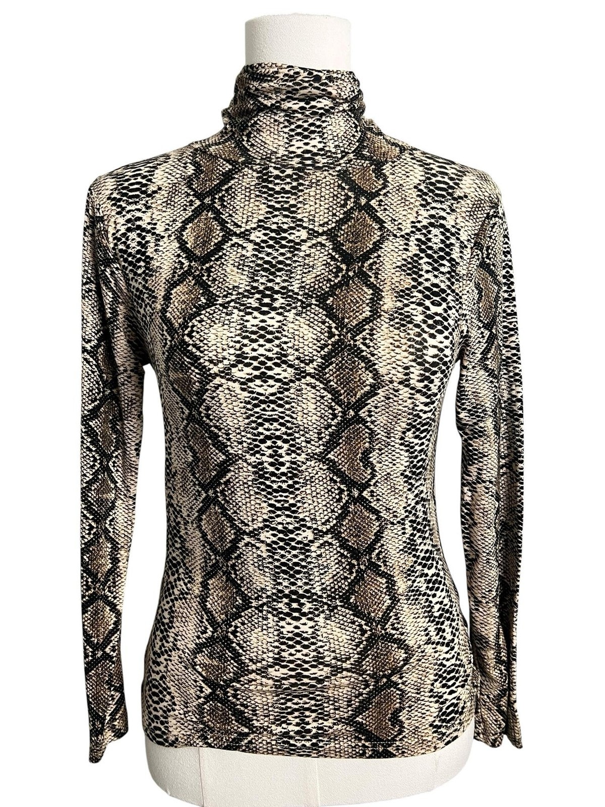 Cliche' Shirt Womens Small Brown Snake Print Turtleneck Long Sleeve Stretch Top